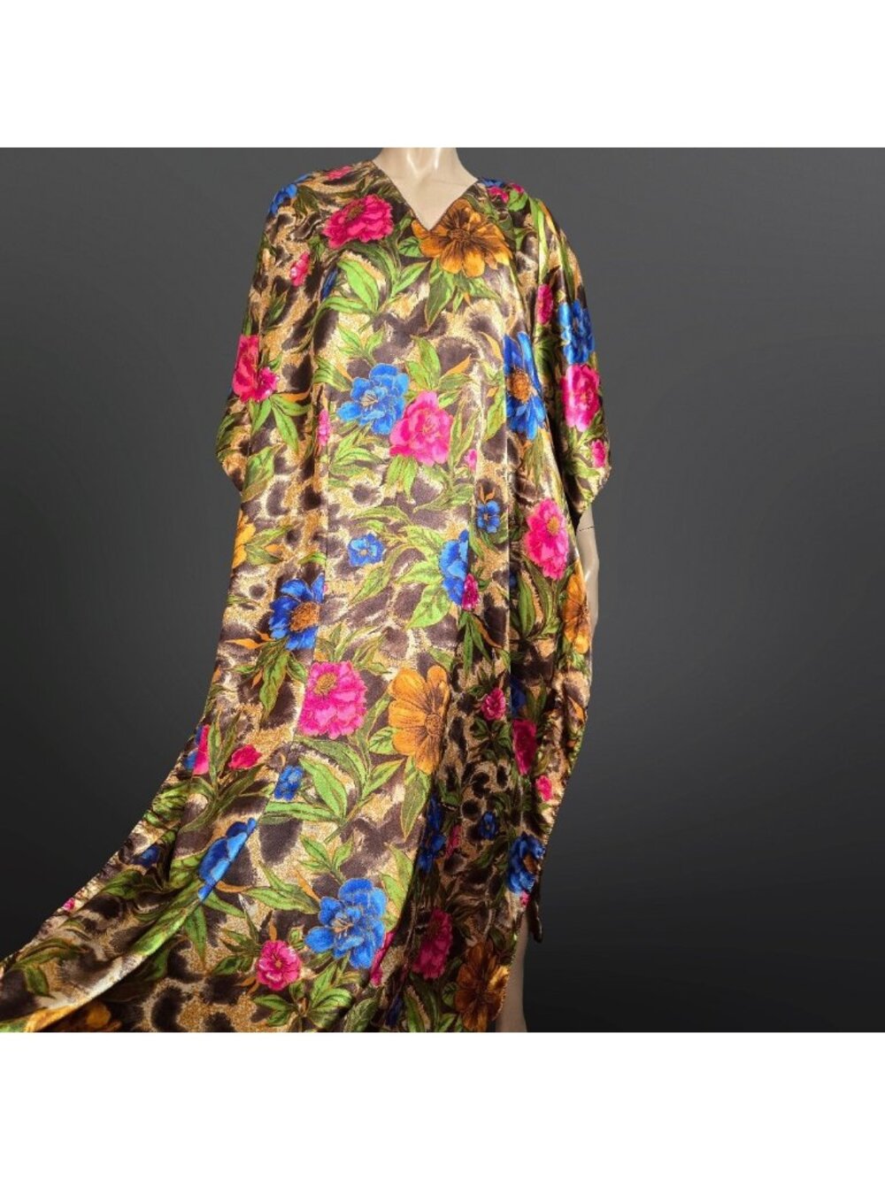 Vintage Leopard Floral Satin Caftan Patio Dress MuuMuu Lounge One Size